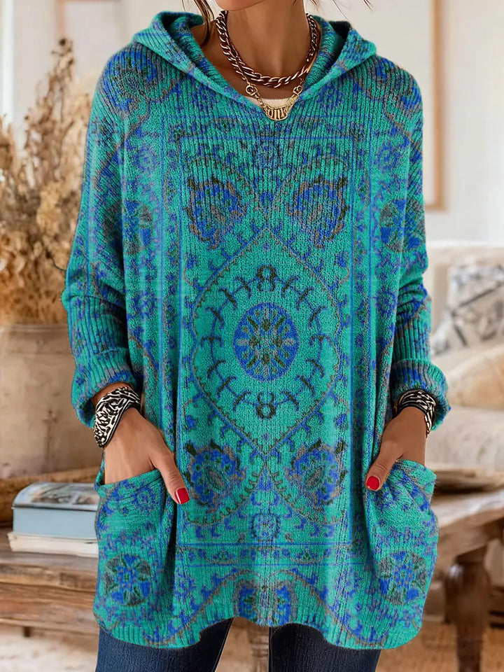 Retro Ethnic-Print Hooded Knit Tunic with Handy Pockets