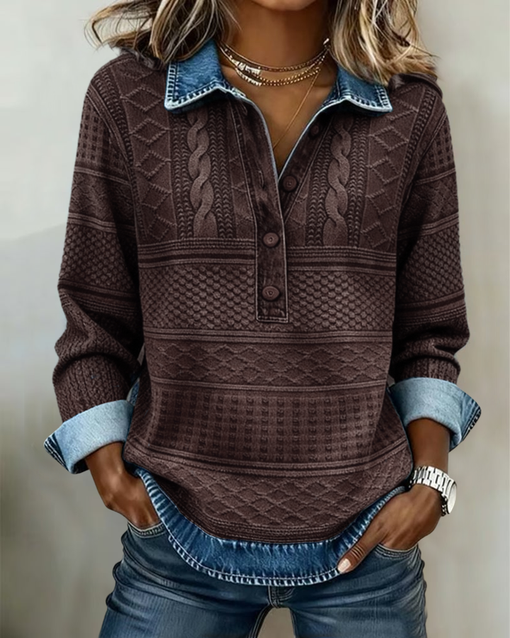 Rowan Textured Button-Front Top with a Contrasting Collar