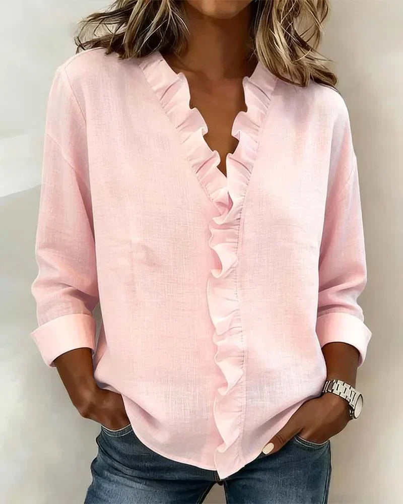 Aletta – Chic blouse with ruffles, V-neck and long sleeves