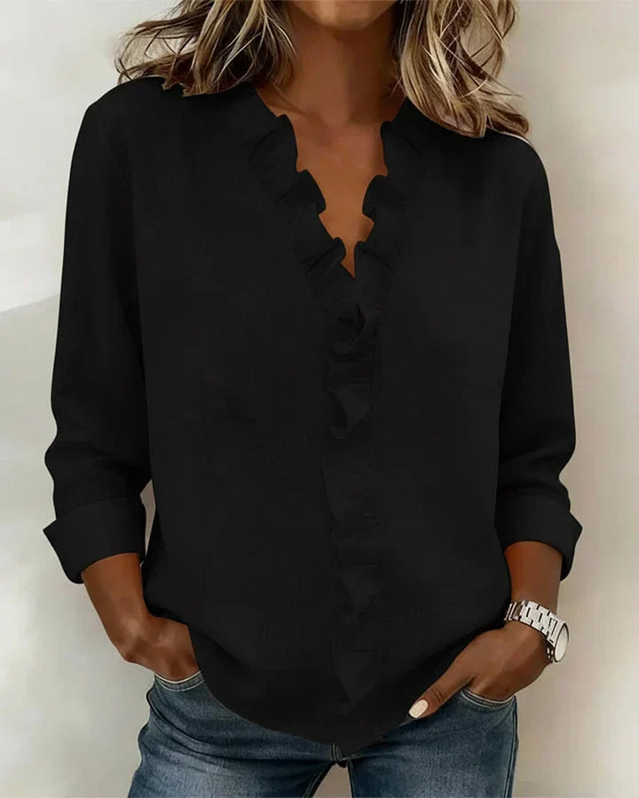 Aletta – Chic blouse with ruffles, V-neck and long sleeves