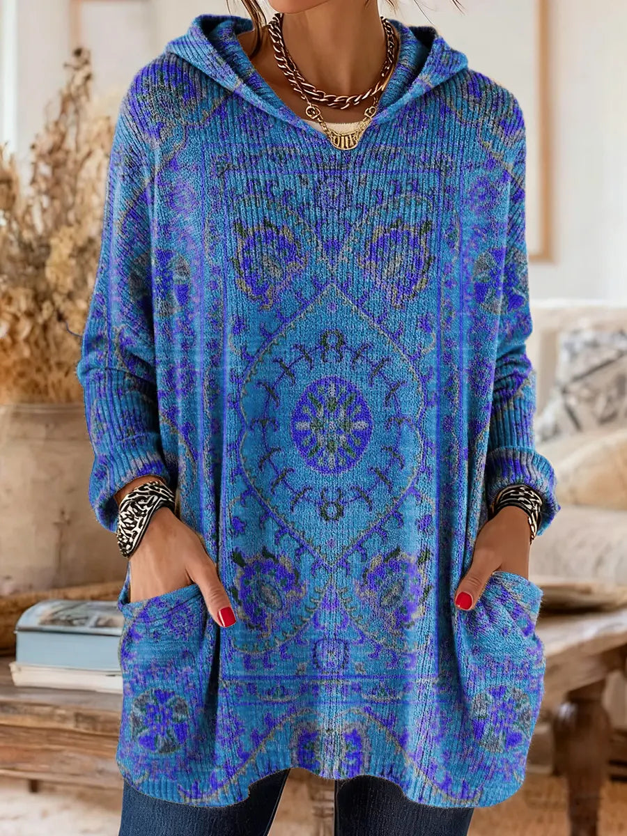 Retro Ethnic-Print Hooded Knit Tunic with Handy Pockets