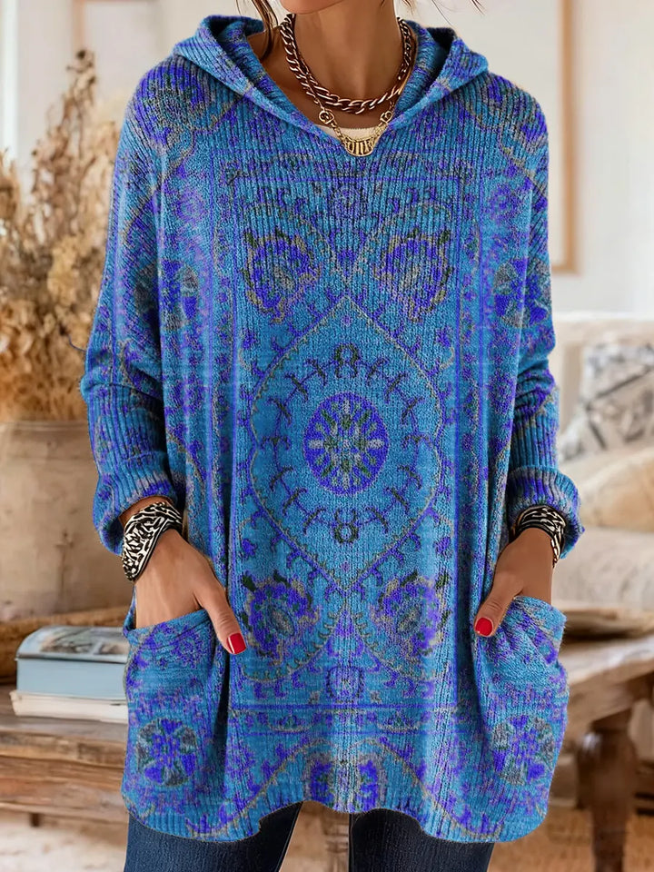 Retro Ethnic-Print Hooded Knit Tunic with Handy Pockets