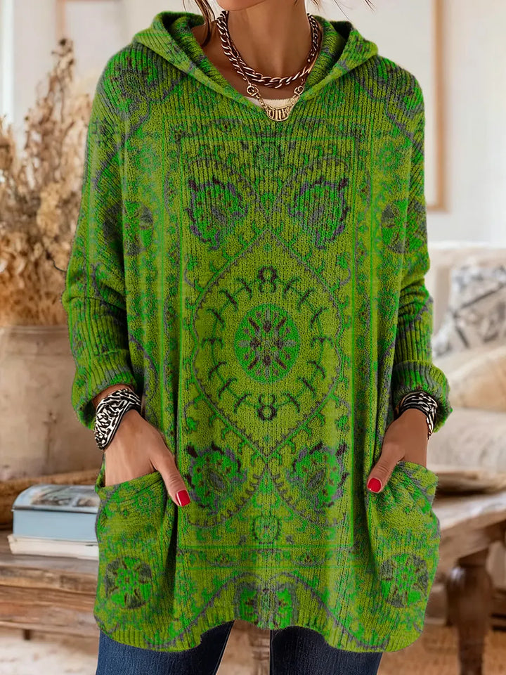 Retro Ethnic-Print Hooded Knit Tunic with Handy Pockets