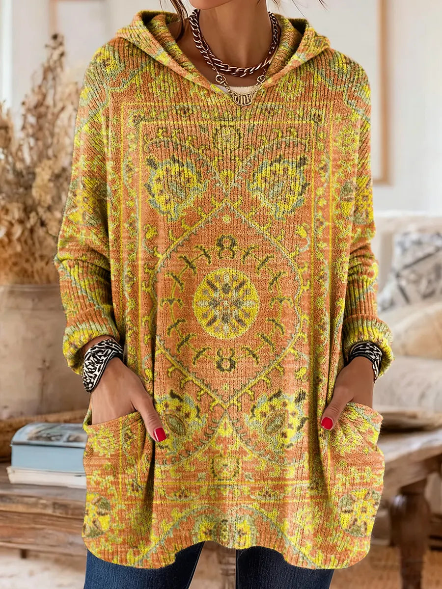 Retro Ethnic-Print Hooded Knit Tunic with Handy Pockets