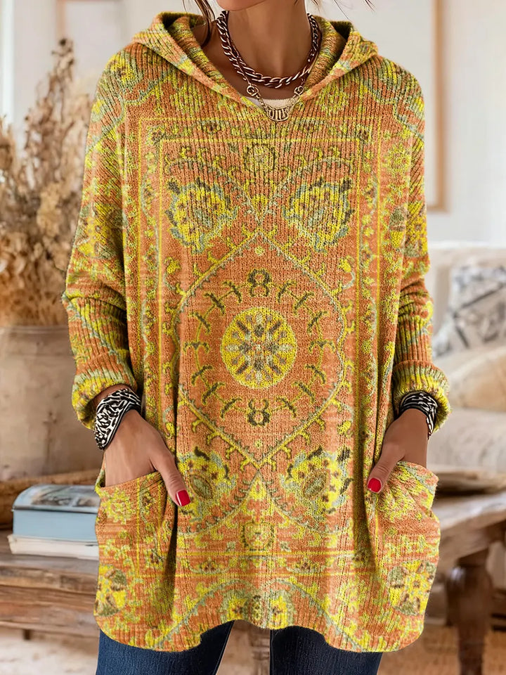 Retro Ethnic-Print Hooded Knit Tunic with Handy Pockets