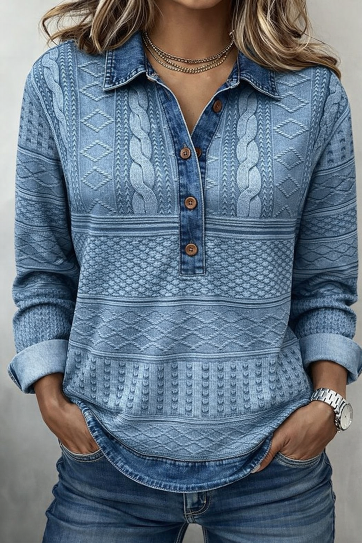 Rowan Textured Button-Front Top with a Contrasting Collar