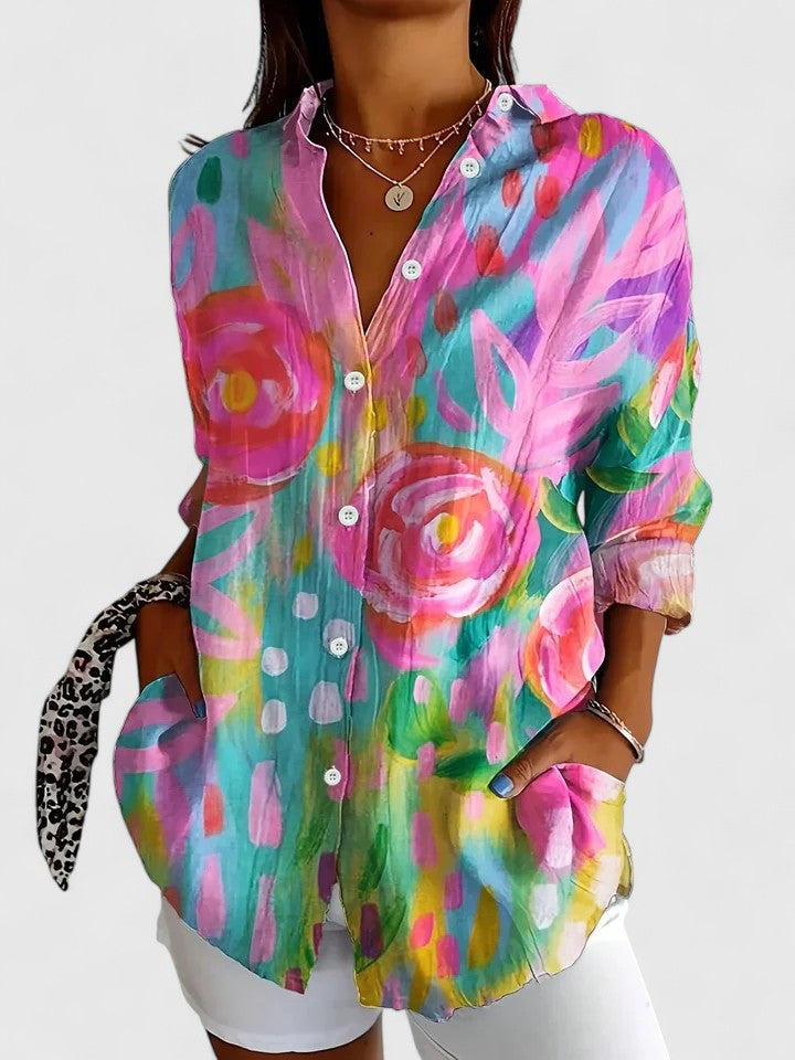 Anica - Bold, Artful Button-Up Blouse in Vibrant Colors