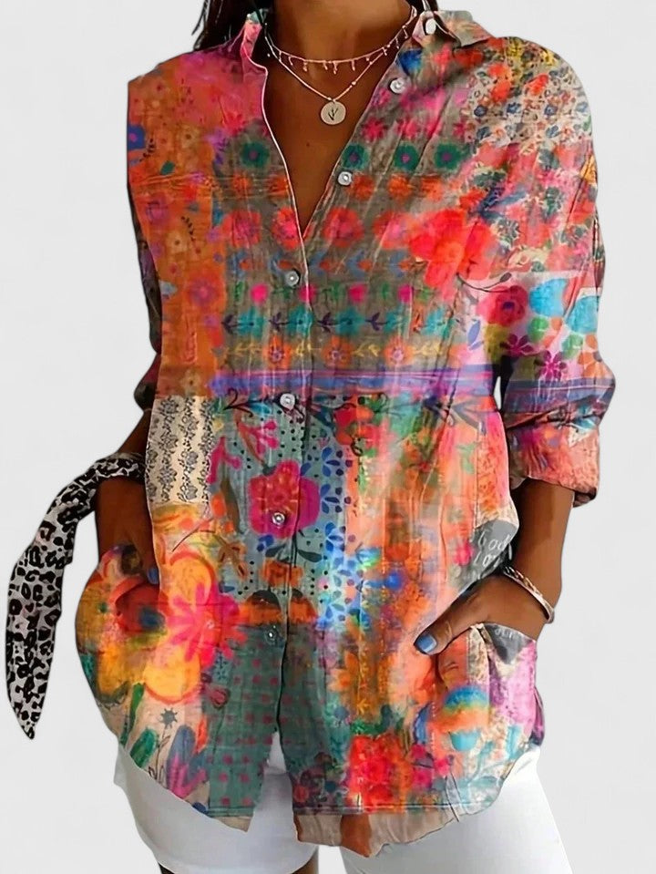 Anica - Bold, Artful Button-Up Blouse in Vibrant Colors