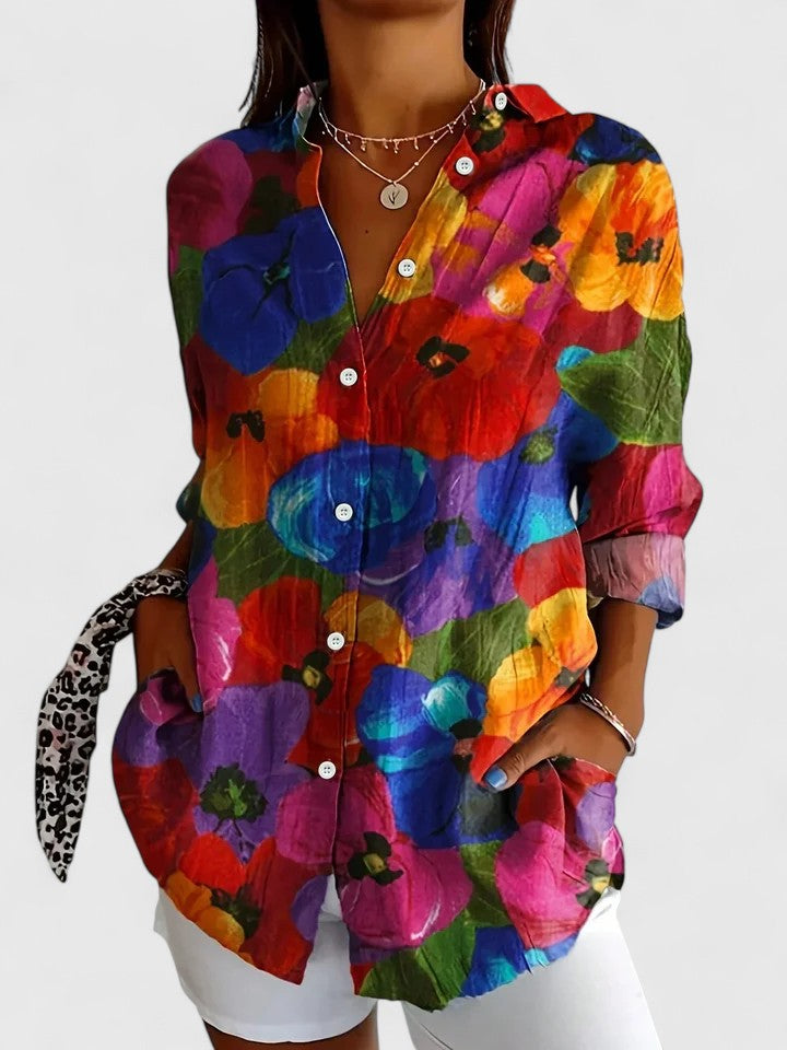 Monica – Bold, Vibrant Art-Inspired Button-Up Blouse