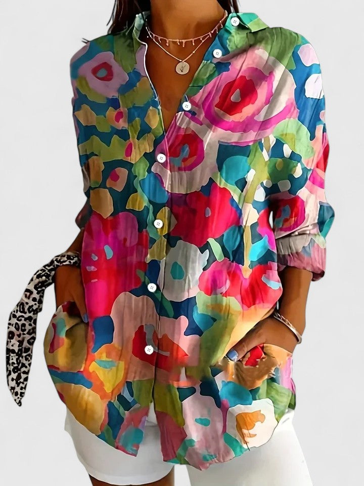 Anica - Bold, Artful Button-Up Blouse in Vibrant Colors