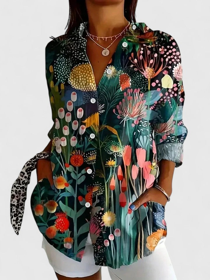 Anica - Bold, Artful Button-Up Blouse in Vibrant Colors