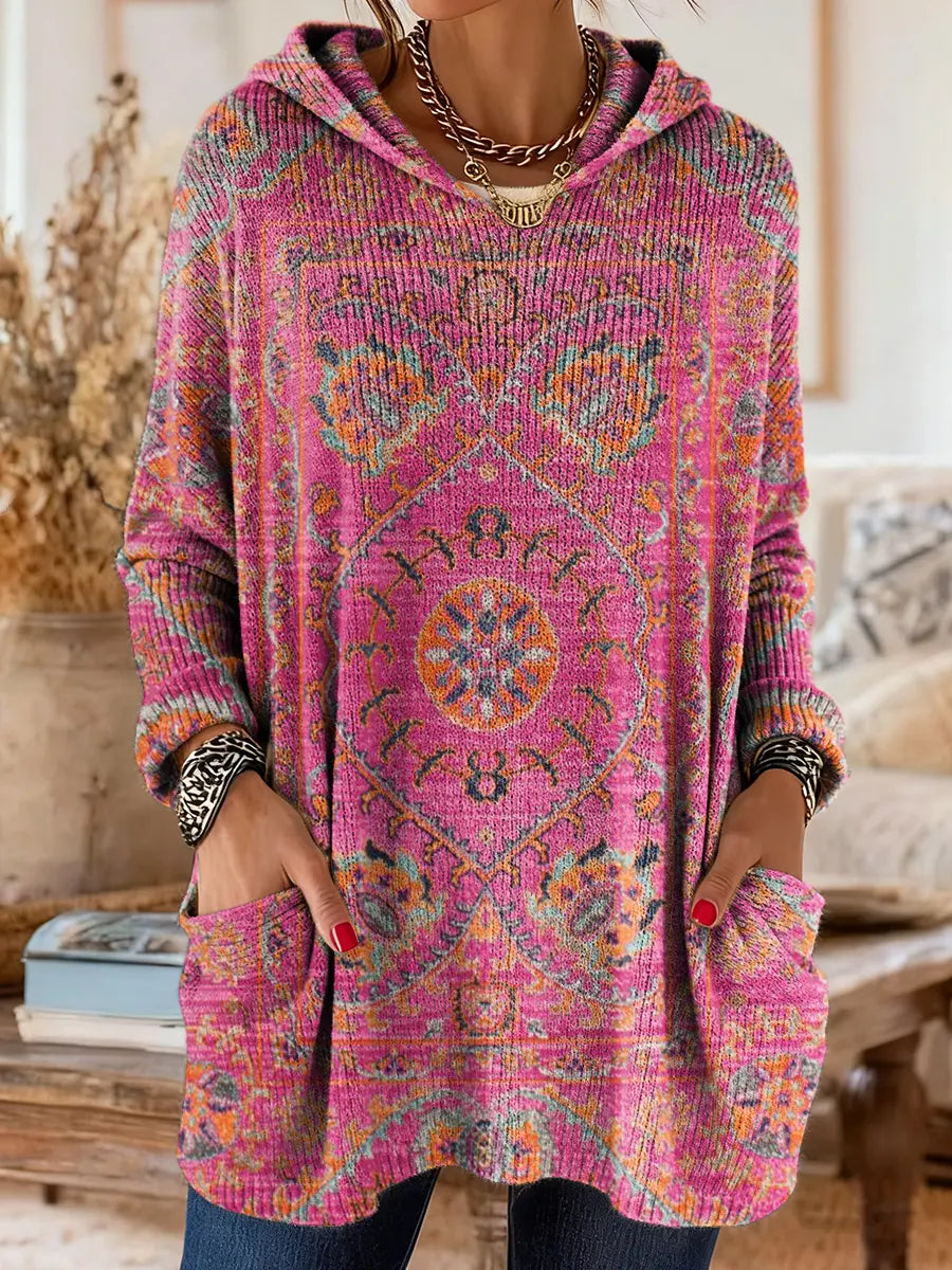 Retro Ethnic-Print Hooded Knit Tunic with Handy Pockets
