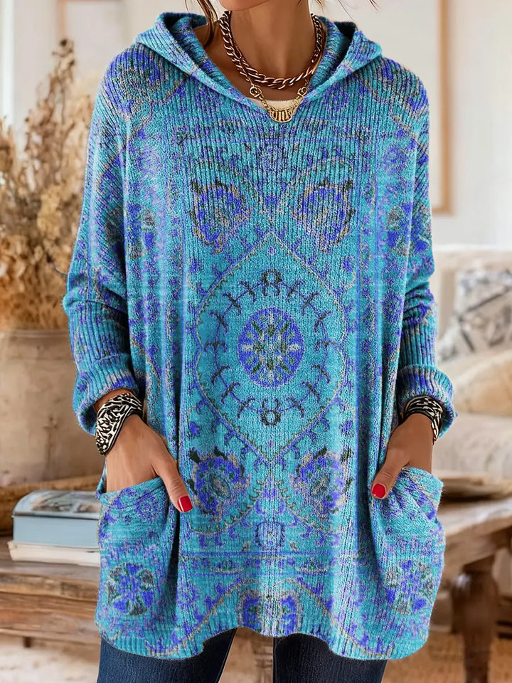 Retro Ethnic-Print Hooded Knit Tunic with Handy Pockets