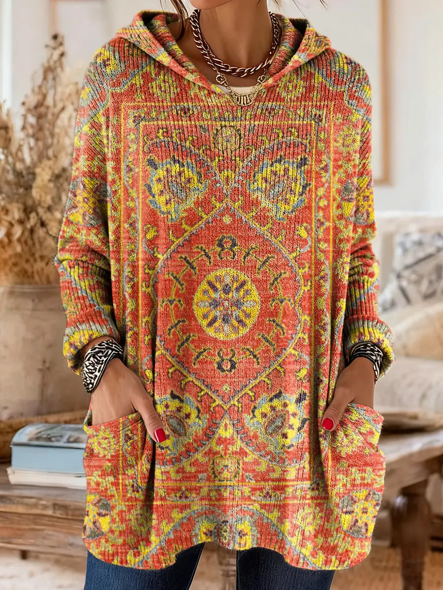 Retro Ethnic-Print Hooded Knit Tunic with Handy Pockets