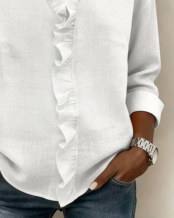 Aletta – Chic blouse with ruffles, V-neck and long sleeves