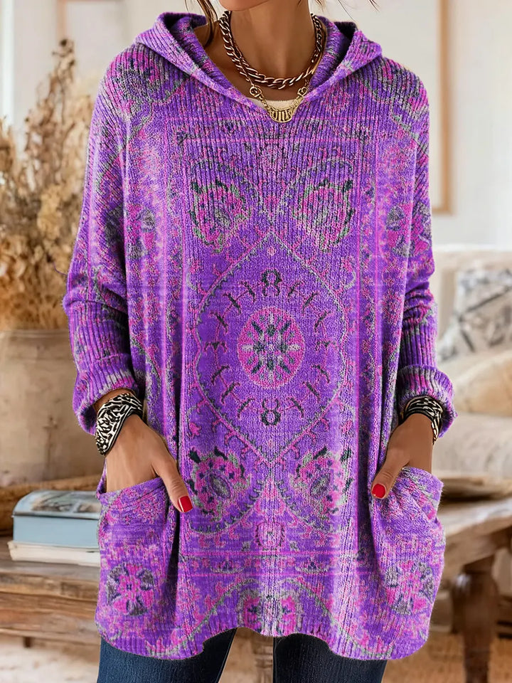 Retro Ethnic-Print Hooded Knit Tunic with Handy Pockets