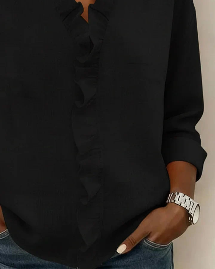 Aletta – Chic blouse with ruffles, V-neck and long sleeves