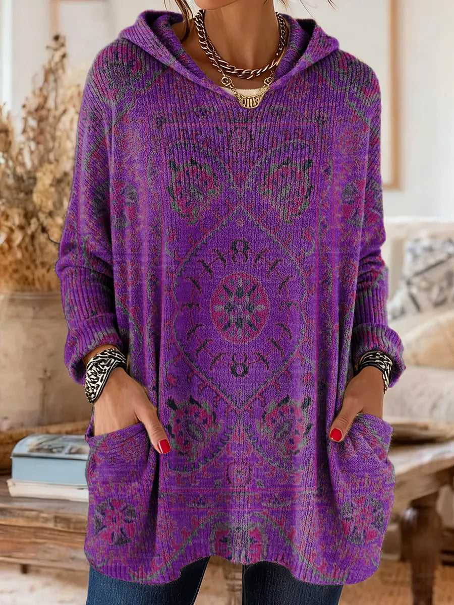 Retro Ethnic-Print Hooded Knit Tunic with Handy Pockets
