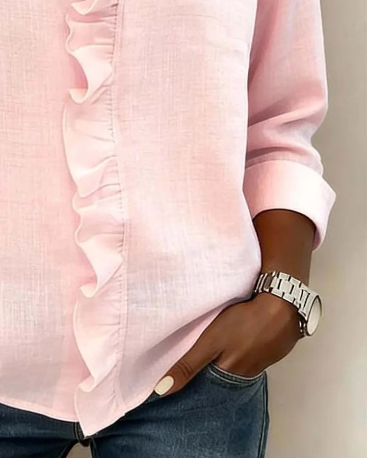 Aletta – Chic blouse with ruffles, V-neck and long sleeves