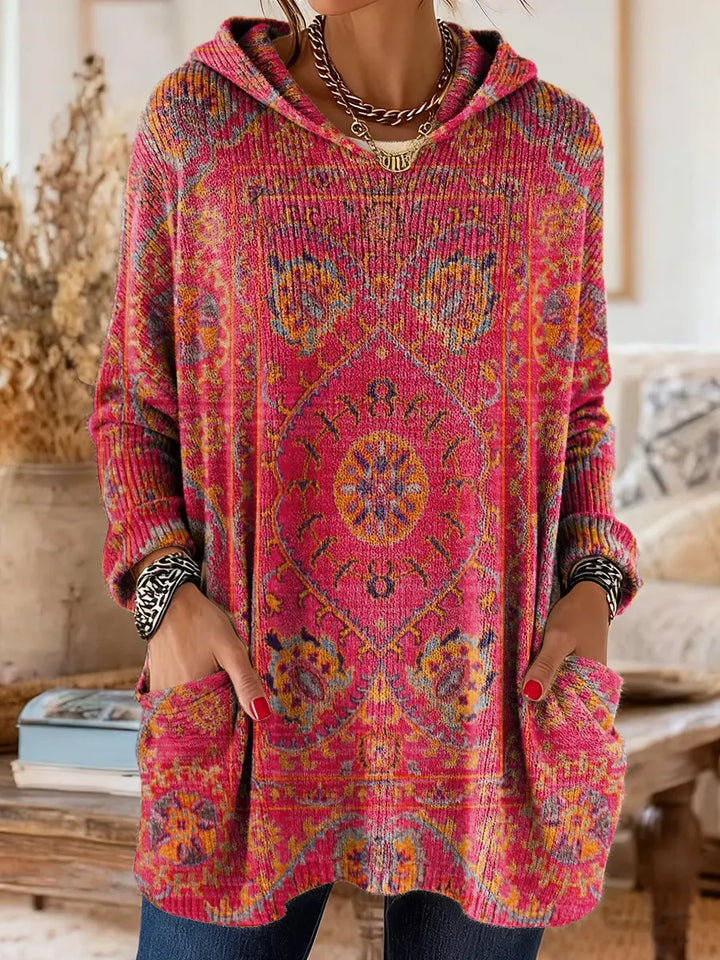 Retro Ethnic-Print Hooded Knit Tunic with Handy Pockets