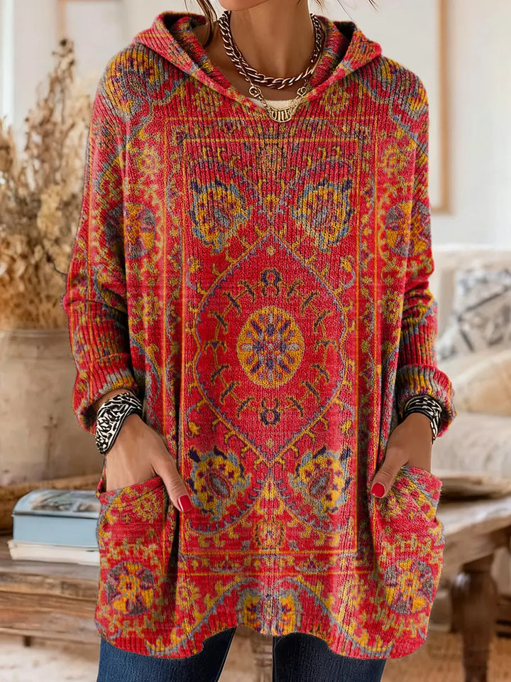 Retro Ethnic-Print Hooded Knit Tunic with Handy Pockets