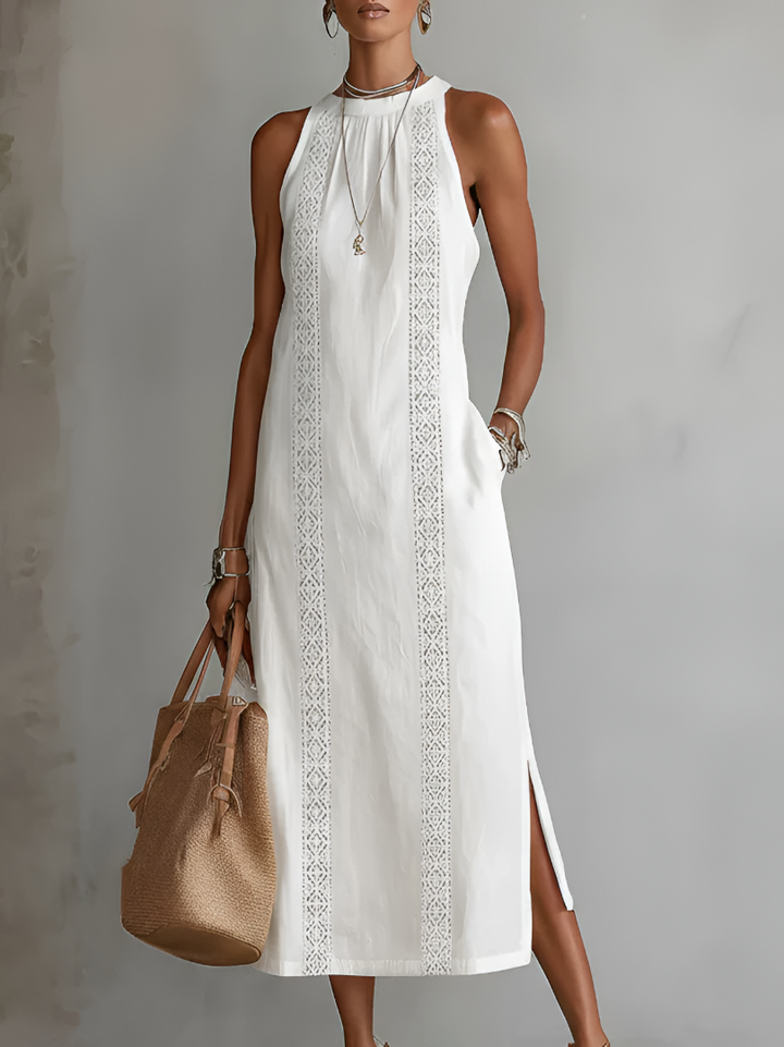 Jimena Linen Midi Dress with a Chic Mandarin Collar