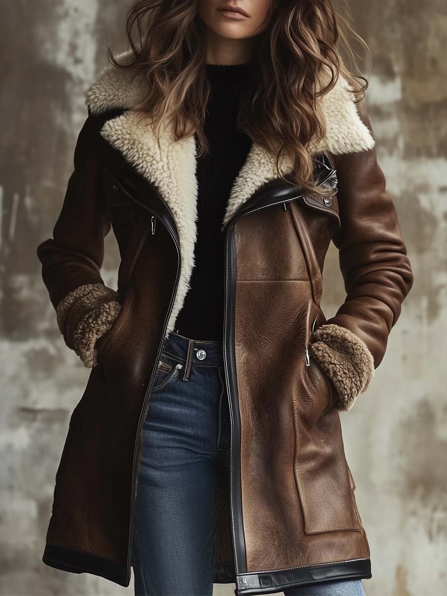 Elara | Vintage Lambskin Collar Faux Leather Coat