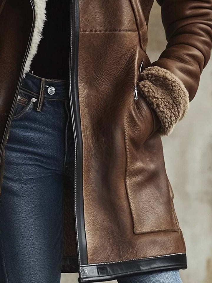 Elara | Vintage Lambskin Collar Faux Leather Coat