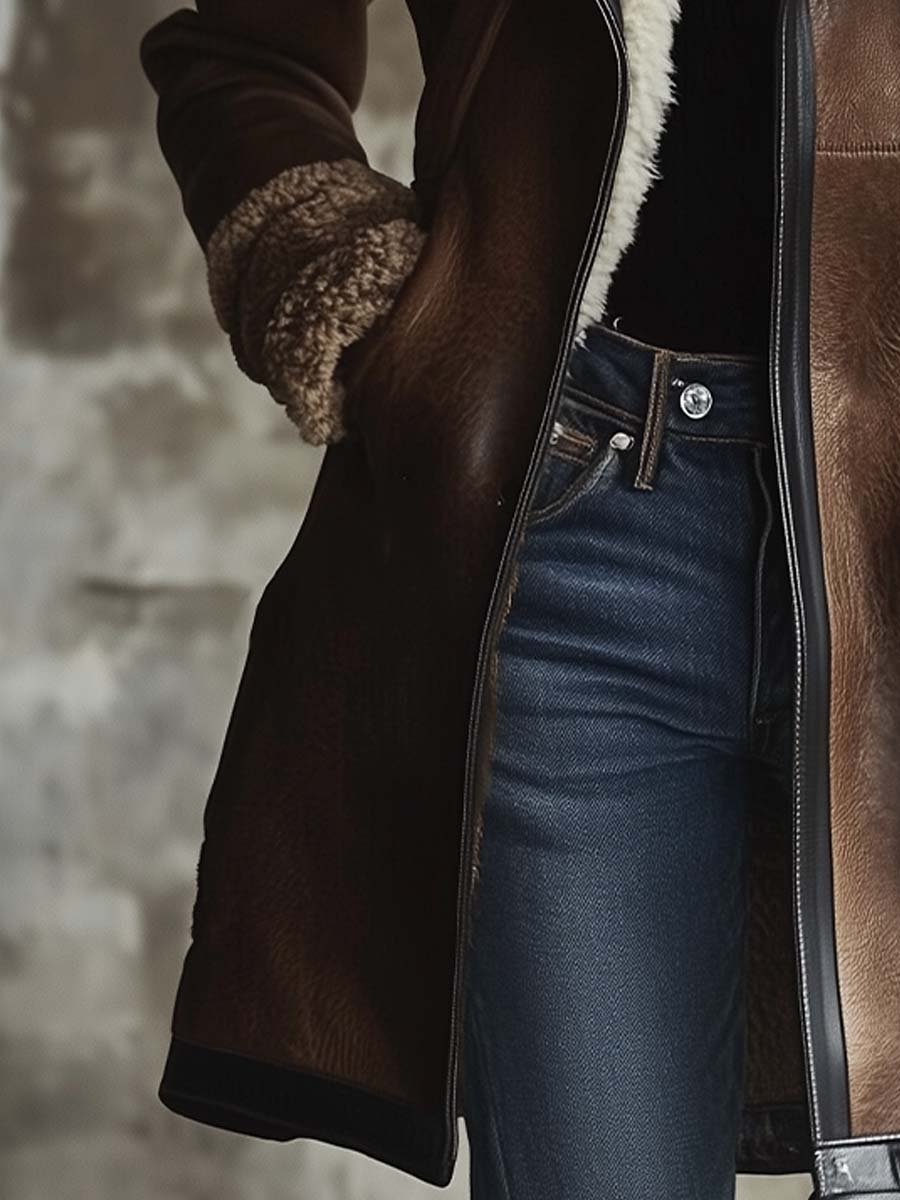 Elara | Vintage Lambskin Collar Faux Leather Coat