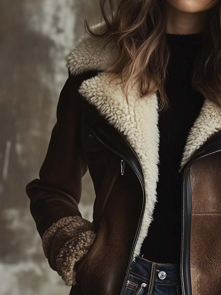 Elara | Vintage Lambskin Collar Faux Leather Coat