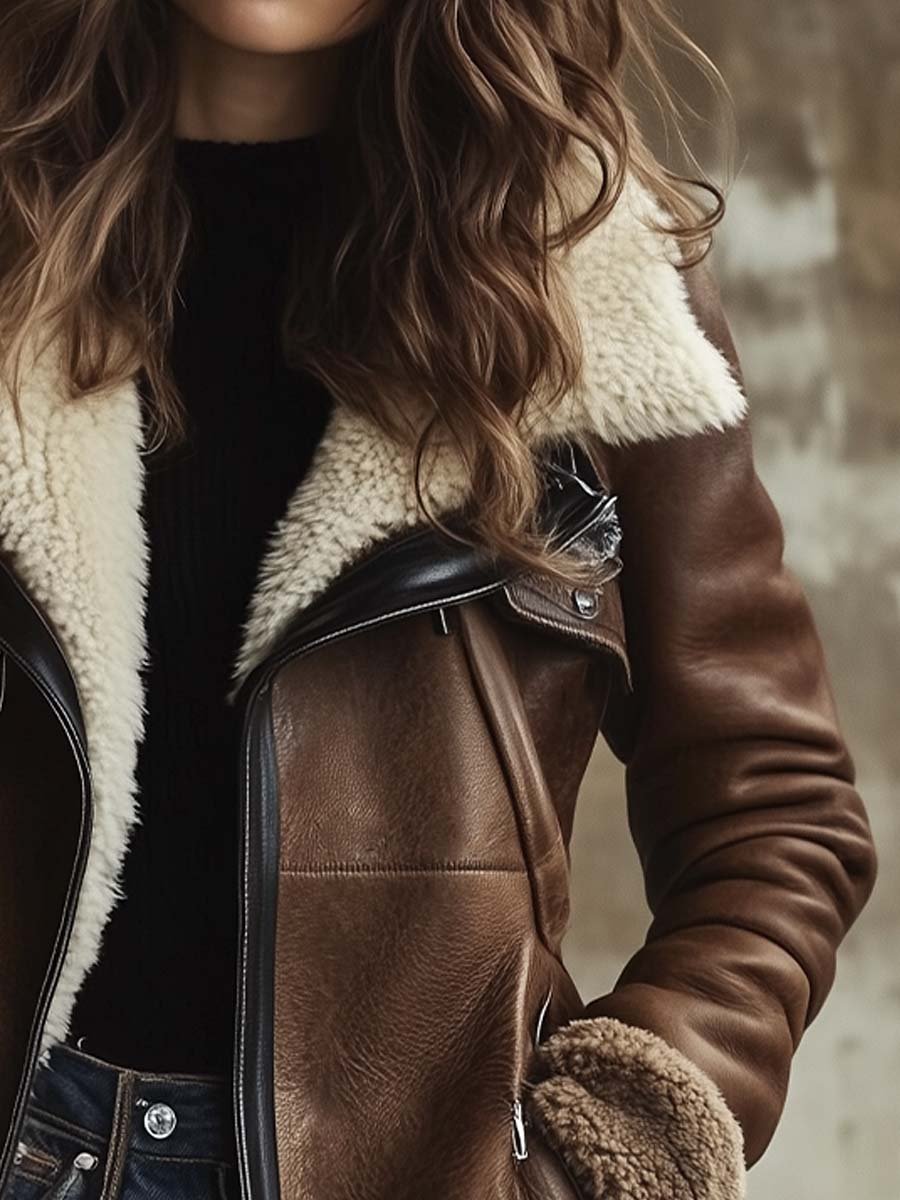 Elara | Vintage Lambskin Collar Faux Leather Coat