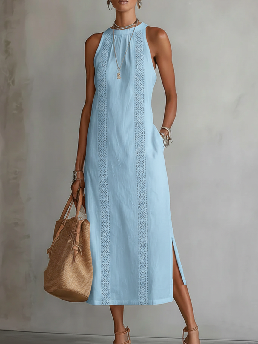 Jimena Linen Midi Dress with a Chic Mandarin Collar
