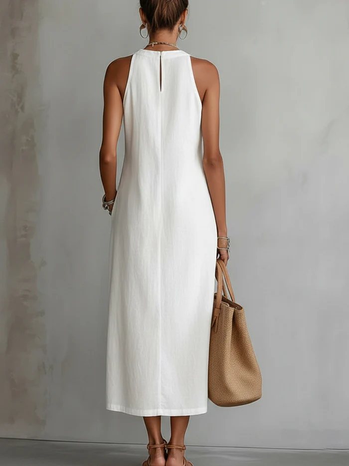 Jimena Linen Midi Dress with a Chic Mandarin Collar