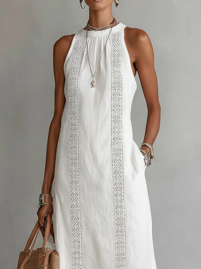 Jimena Linen Midi Dress with a Chic Mandarin Collar