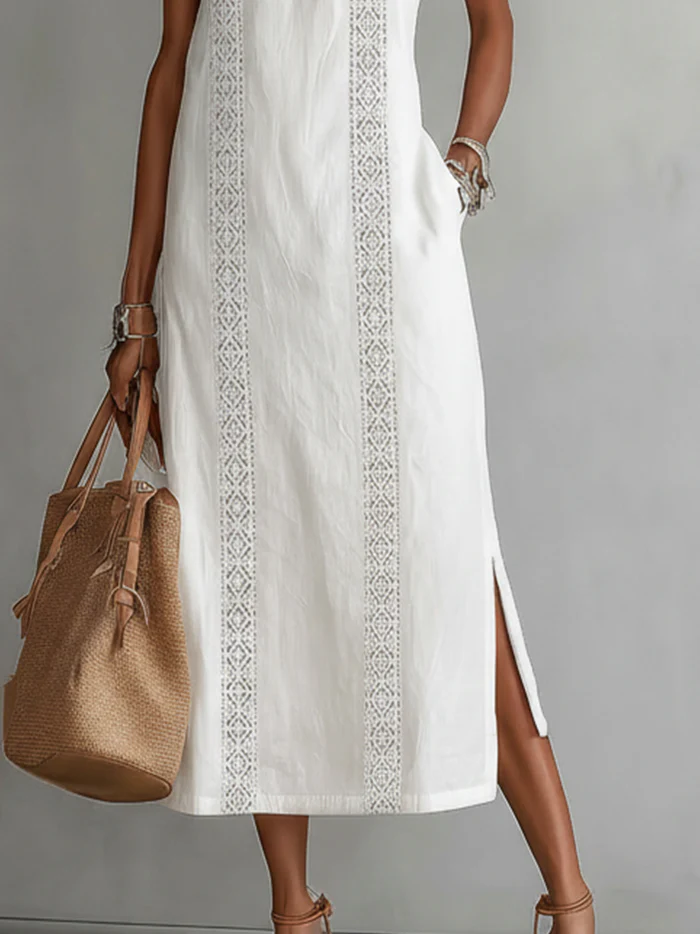 Jimena Linen Midi Dress with a Chic Mandarin Collar