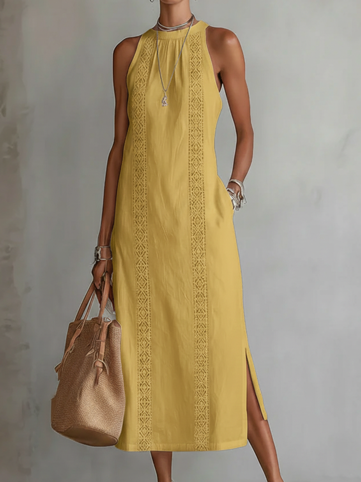 Jimena Linen Midi Dress with a Chic Mandarin Collar