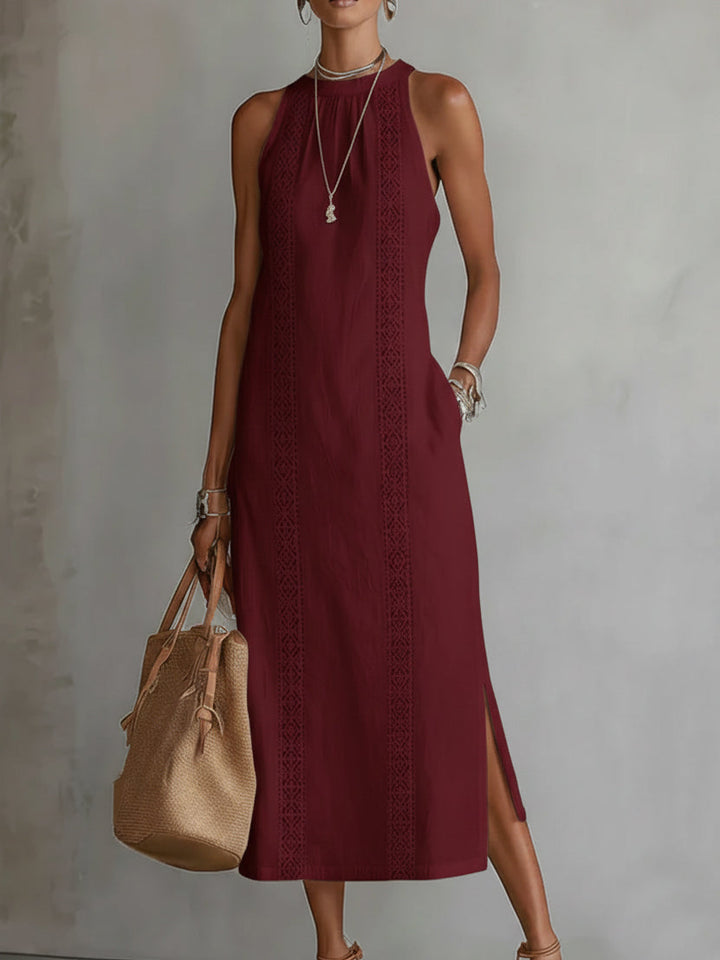 Jimena Linen Midi Dress with a Chic Mandarin Collar