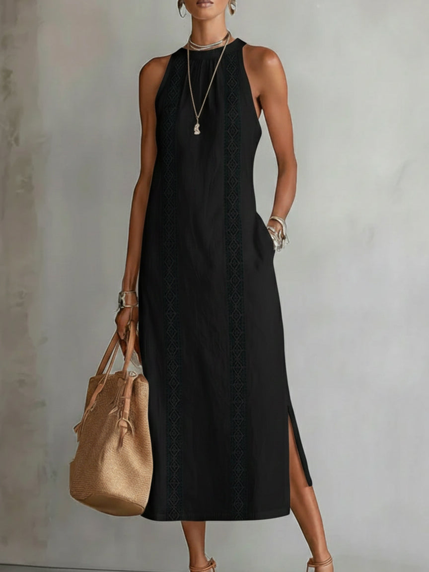 Jimena Linen Midi Dress with a Chic Mandarin Collar